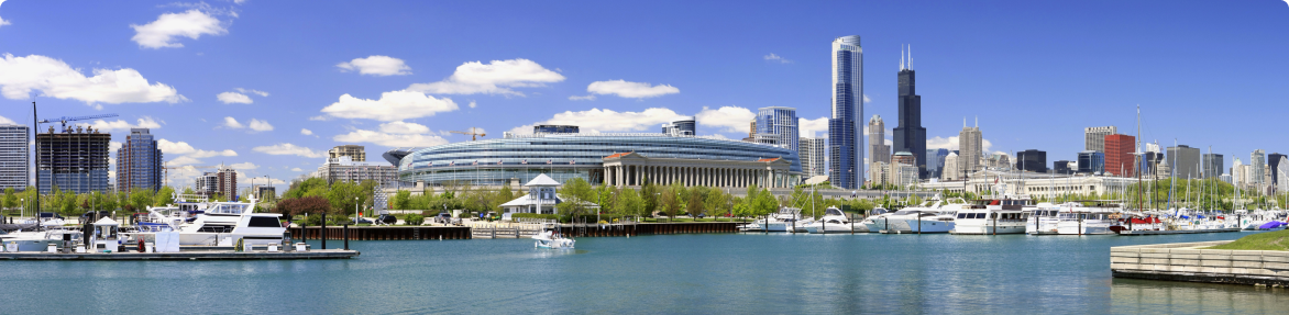 Soldier Field in Chicago with a marina and skyline.